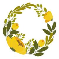 couronne ronde de fleurs de pavot jaune et de brindilles avec des feuilles sur fond blanc. impression, carte postale, invitation vecteur