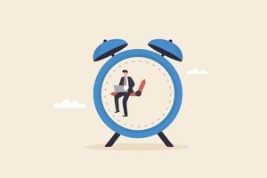 gestion du temps au travail, heures supplémentaires, hommes d'affaires assis sur les aiguilles de l'horloge essayant d'allouer du temps au travail pour atteindre des objectifs. vecteur