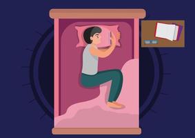 jeune homme allongé dans son lit avec un téléphone portable souffre d'illustration vectorielle d'insomnie vecteur