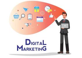 concept de personnage masculin de marketing numérique représenté dans sa tête. pour décrire le marché numérique, donnez une illustration vectorielle plate avec une icône.