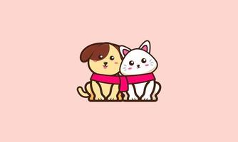 illustration de vecteur de dessin animé mignon chat et chien ami. concept d'icône ami animal