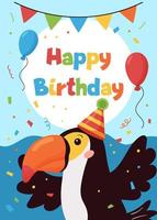 carte de voeux de joyeux anniversaire de vecteur pour les enfants. oiseau toucan de dessin animé mignon avec des ballons. animaux de la jungle. idéal pour les cartes, les invitations, la décoration de pépinière et les bannières.