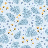 motif floral sans couture sur fond bleu. monstera doodle dessiné à la main et feuilles tropicales. petit champ de fleurs jaunes et bleues. illustration vectorielle. vecteur