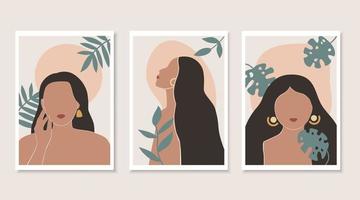 ensemble de portraits féminins abstraits de style boho. art mural contemporain. feuilles de palmier dessinées à la main. papier de mode découpé pour affiches, cartes postales et médias sociaux. vecteur