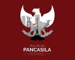 joyeux jour de pancasila garuda avec appartement emblématique de jakarta vecteur