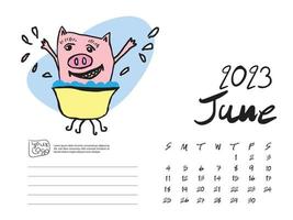 modèle de conception de calendrier 2023 avec illustration vectorielle de cochon mignon, illustrations de juin 2023, lettrage, mise en page du calendrier de bureau 2023, planificateur, modèle de calendrier mural, personnage de dessin animé de cochon, événement de vacances vecteur