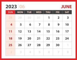 modèle de juin 2023, vecteur de conception de calendrier 2023, mise en page du planificateur, semaine commence dimanche, modèle de calendrier de bureau 2023, papeterie. calendrier mural sur fond rouge, vecteur eps 10