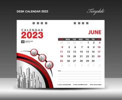 modèle de juin 2023, vecteur de conception de calendrier 2023, mise en page du planificateur, semaine commence dimanche, modèle de calendrier de bureau 2023, papeterie. calendrier mural sur fond rouge, vecteur eps 10