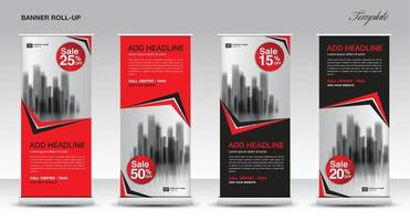 roll up banner stand template design, promotion banner template, x-banner, pull up, advertising, creative concept, presentation, red and black background, poster, events, display, j-flag, vector