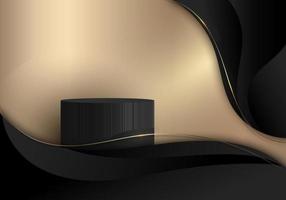 Podium de cylindre noir réaliste 3d sur fond de forme de courbe dorée avec des lignes de vague noire et un style de luxe d'éclairage vecteur