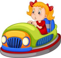 Une fille conduisant une auto tamponneuse sur fond blanc vecteur