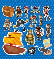 pack d'autocollants de personnages et d'objets de dessins animés pirates vecteur
