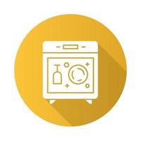 icône de glyphe d'ombre longue à motif plat jaune lave-vaisselle. appareil de cuisine moderne. lave-vaisselle automatique. appareils électroménagers. lavage des assiettes, traitement à la vapeur. illustration vectorielle silhouette