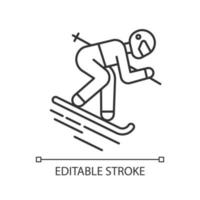 icône linéaire de ski. sport extrême d'hiver, activité à risque et aventure. illustration de la ligne mince. symbole de contour. dessin de contour isolé de vecteur. descente freestyle du skieur. trait modifiable vecteur