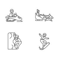 ensemble d'icônes linéaires d'activité hivernale extrême. sport à risque, aventure. planche à neige, escalade sur glace, motoneige et traîneau à chiens. symboles de lignes fines. illustrations vectorielles isolées. trait modifiable vecteur