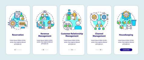 modules d'écran d'application mobile d'intégration de gestion immobilière. Procédure pas à pas d'automatisation Pages d'instructions graphiques en 5 étapes avec des concepts linéaires. ui, ux, modèle d'interface graphique. vecteur