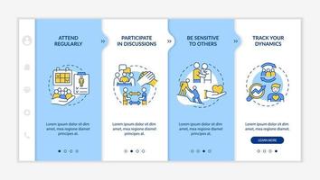 modèle d'intégration bleu et blanc d'efficacité de visite de groupe de soutien. site Web mobile réactif avec des icônes de concept linéaires. page Web pas à pas 4 écrans d'étape vecteur