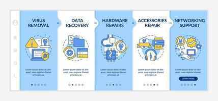 types de réparations modèle d'intégration bleu et blanc. dépannage informatique. site Web mobile réactif avec des icônes de concept linéaires. page Web pas à pas écrans en 5 étapes vecteur