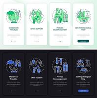 écran d'application mobile d'intégration en mode nuit et jour de soutien psychologique. pas à pas en 4 étapes pages d'instructions graphiques avec des concepts linéaires. ui, ux, modèle gui vecteur