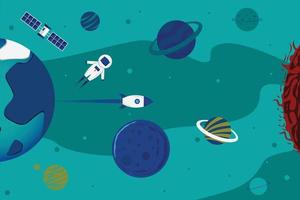 arrière-plan de conception d'espace plat vectoriel avec texte. modèle mignon avec astronaute, vaisseau spatial, fusée, lune, trou noir, étoiles dans l'espace