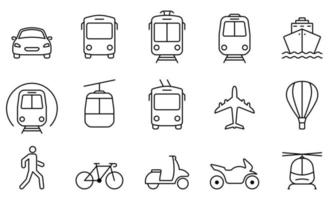 véhicule, air, chemin de fer, icône de ligne de transport de vélo. pictogramme linéaire voiture, bus, tram, train, métro, avion et bateau. signe de contour de la station de transport en commun. trait modifiable. illustration vectorielle isolée. vecteur