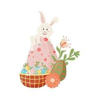 personnage de lapin. assis sur un oeuf, souriant drôle, joyeux lapin de dessin animé de pâques avec des oeufs, panier, floral, fleur vecteur