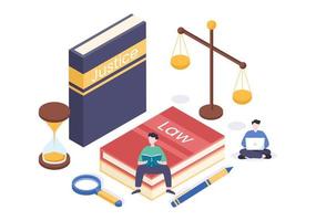 avocat, avocat et justice avec des lois, des échelles, des bâtiments, un livre ou un marteau de juge en bois au consultant en illustration de dessin animé plat vecteur