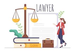 avocat, avocat et justice avec des lois, des échelles, des bâtiments, un livre ou un marteau de juge en bois au consultant en illustration de dessin animé plat vecteur