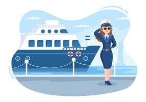 illustration de dessin animé de capitaine de bateau de croisière femme en uniforme de marin à bord d'un navire, regardant avec des jumelles ou debout sur le port au design plat