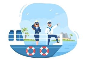 illustration de dessin animé de capitaine de bateau de croisière en uniforme de marin à bord d'un navire, regardant avec des jumelles ou debout sur le port au design plat