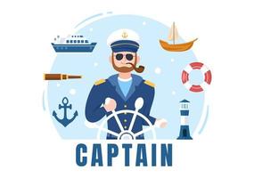 illustration de dessin animé de capitaine de bateau de croisière homme en uniforme de marin à bord d'un navire, regardant avec des jumelles ou debout sur le port au design plat