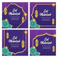 ensemble d'illustrations du modèle de carte de voeux de conception de vecteur islamique eid avec fond violet