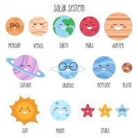 éléments mignons du système solaire. autocollants kawaii, icônes, infographie pour les enfants. illustration vectorielle pour enfants isolés sur fond blanc.