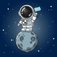 astronaute mignon tenant un drapeau sur la lune vecteur