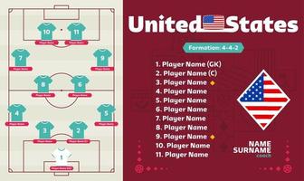 usa line-up football 2022 tournoi illustration vectorielle de la phase finale. table de composition de l'équipe nationale et formation de l'équipe sur le terrain de football. drapeaux de pays de vecteur de tournoi de football.