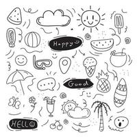 les doodles vectoriels définissent des icônes d'été. style de griffonnage dessiné à la main. soleil, palmier, parapluie, glace, ballon.