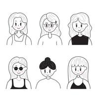 illustration vectorielle définie de nombreux styles de femmes. packs d'icônes en noir et blanc. fond isolé. vecteur