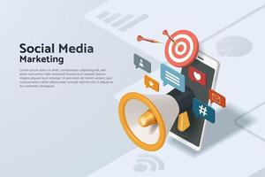 marketing des médias sociaux avec des mégaphones et des icônes de médias sociaux flottant sur un téléphone mobile vecteur