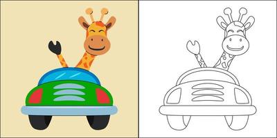 girafe mignonne conduisant une voiture adaptée à l'illustration vectorielle de la page de coloriage pour enfants vecteur