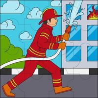 les pompiers éteignent le bâtiment en feu adapté à l'illustration vectorielle de puzzle pour enfants vecteur