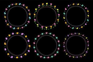 mignon néon abstrait marguerite fleur cercle rond doodle main libre dessin dessiné ligne frontières cadres couronne assiette ensemble collection plat style arc en ciel coloré noir fond illustration vectorielle pack vecteur