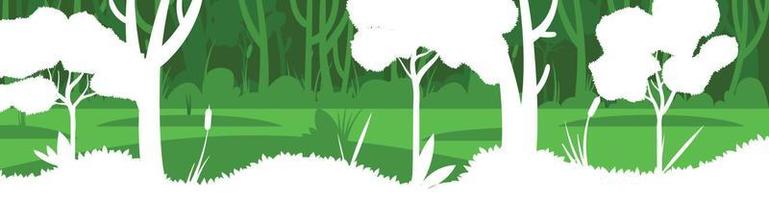 illustration vectorielle de scène de beau paysage printanier, arbres verts en couches, couleur vive, arrière-plan marécageux dans un style de bande dessinée en papier à bannière plate vecteur