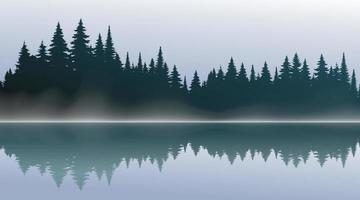 texture d'arrière-plan de forêt sombre vert vecteur, silhouette de forêt de conifères, vecteur. arbres de saison au bord du lac, reflet dans l'eau épicéa, sapin. paysage horizontal. vecteur