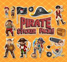 pack d'autocollants de personnages et d'objets de dessins animés pirates vecteur