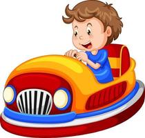 Un garçon conduisant une auto tamponneuse sur fond blanc vecteur