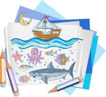 animaux marins doodle dessinés à la main pour enfants