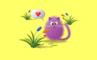 Illustration 3d d'un personnage de chat violet mignon jouant parmi une plante d'herbe à chat et une légende de signe d'amour en jaune vecteur