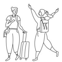 dessin au trait deux touristes filles joyeuses. un avec sac sur son épaule et valise à roulettes. deuxième avec sac à dos se réjouit de la réunion a levé la main. vecteur. contour vecteur