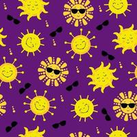 modèle sans couture. soleil jaune mignon dans des lunettes de soleil souriant. et un doux soleil aux yeux fermés. illustration vectorielle pour la conception, la décoration, l'emballage, le textile, l'illustration de l'été. vecteur