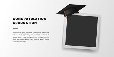 bonne félicitation pour l'obtention du diplôme avec chapeau de graduation et bannière de cadre photo pour le collage universitaire vecteur